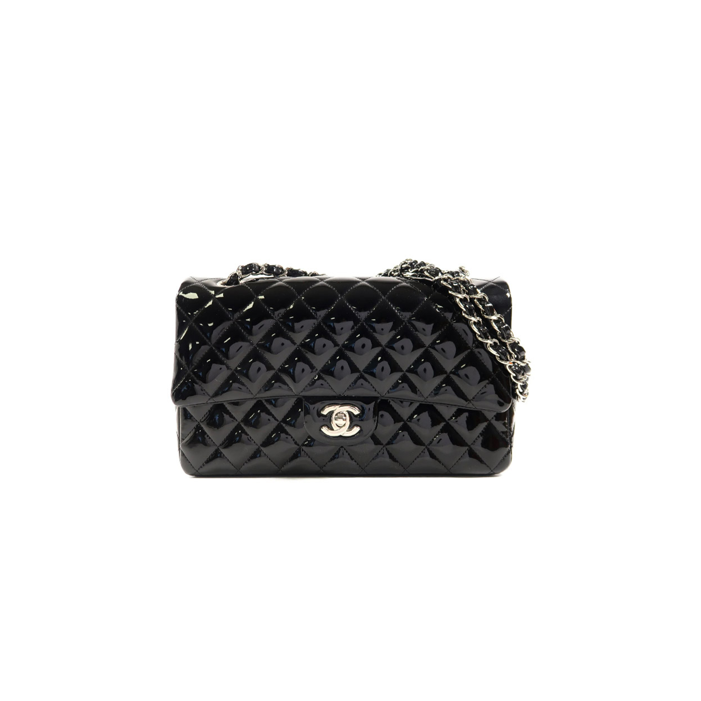 CHANEL MASTER JUMBO CLASSIC PATENT DOUBLE FLAP BLACK LEATHER SHOULDER BAG A01112 (25*15.5*6.5cm)